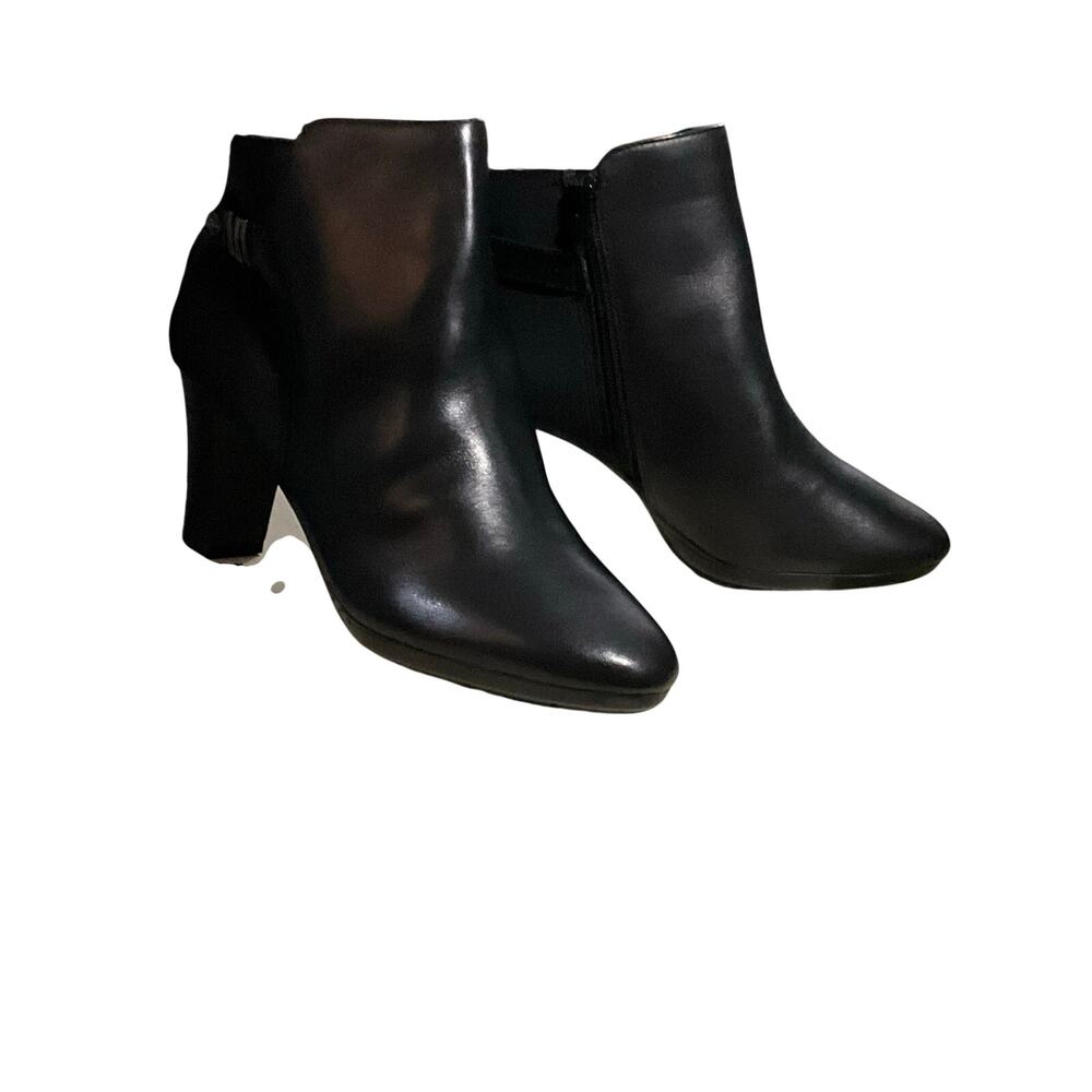 Anne Klein Black Leather Heeled Ankle Bootie Almond Toe Office Siren NIB 9M